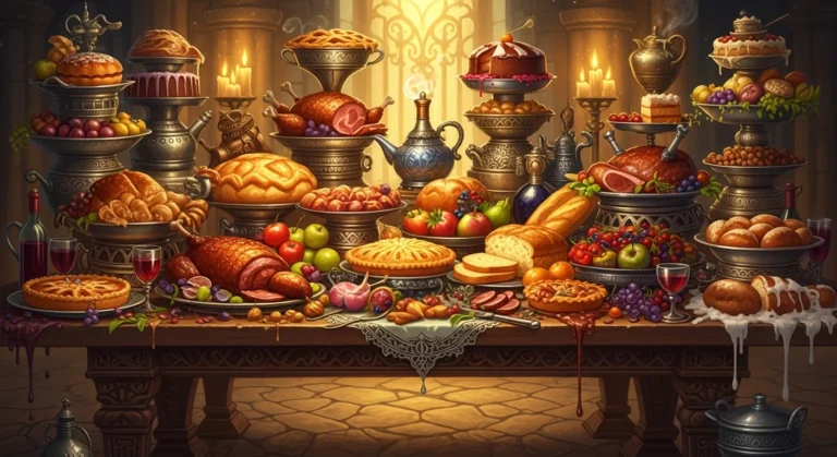 Hängematten-Politik – Magischer Tisch mit überquellendem Festmahl als Symbol für Tischlein Deck Dich und Steuergeschenke