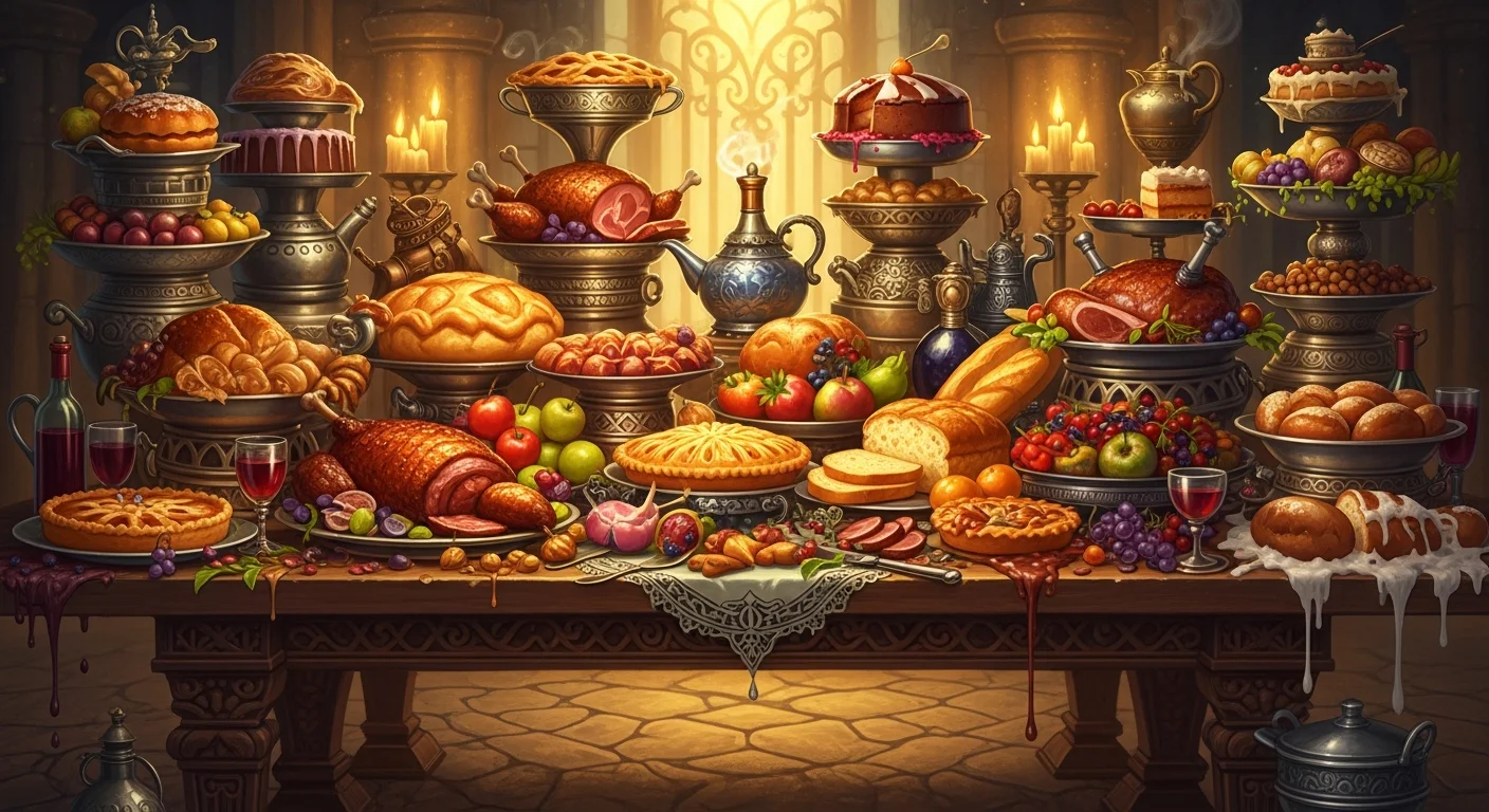 Hängematten-Politik – Magischer Tisch mit überquellendem Festmahl als Symbol für Tischlein Deck Dich und Steuergeschenke