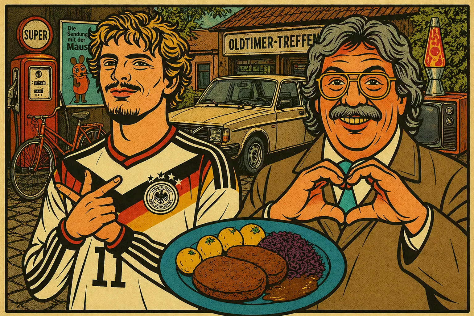 Fällt uns nichts mehr ein? Symbolbild zum Retro-Trend mit DFB-Trikot, Oldtimer, Lavalampe und Falschem Hase