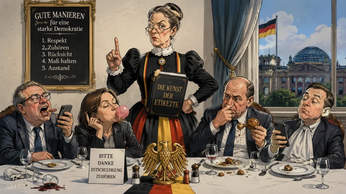 Benimm-Schrauben — Karikatur: Gouvernante mit Benimm-Tafel beim Politiker-Dinner