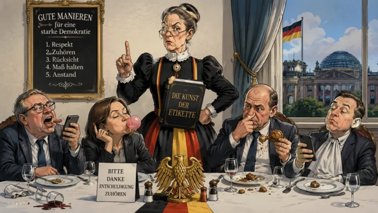 Benimm-Schrauben — Karikatur: Gouvernante mit Benimm-Tafel beim Politiker-Dinner