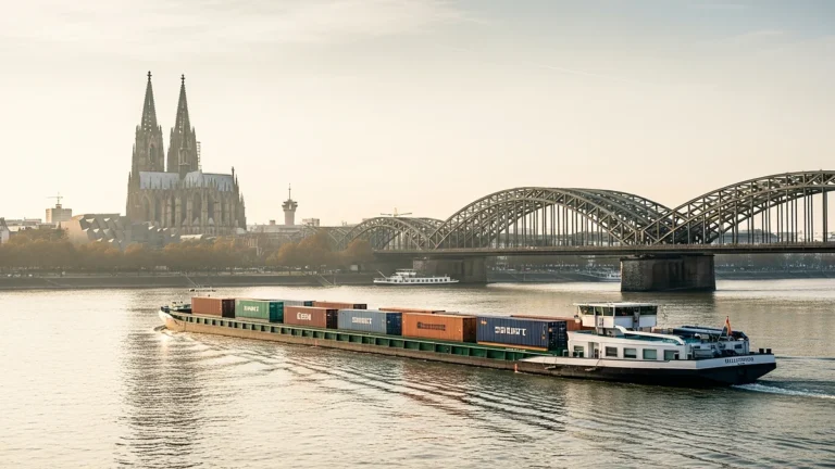 Kölner unterschätzen die eigene Wirtschaftspotenz – Containerschiff auf dem Rhein vor dem Kölner Dom