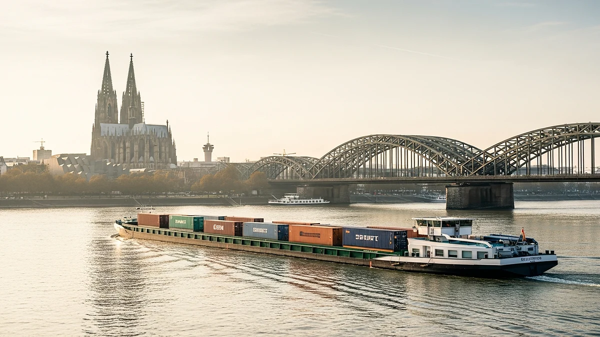 Kölner unterschätzen die eigene Wirtschaftspotenz – Containerschiff auf dem Rhein vor dem Kölner Dom
