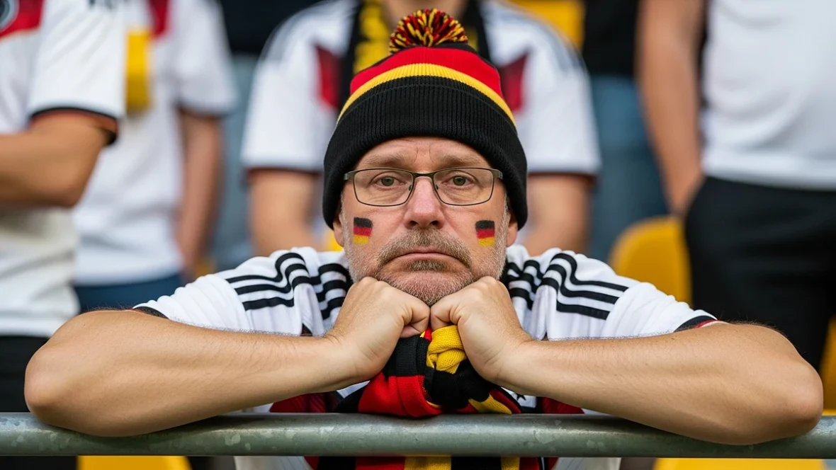 Deutschland im Tal der Tränen – enttäuschter Fußballfan mit Deutschlandmütze stützt das Kinn auf die Fäuste nach dem WM-Aus