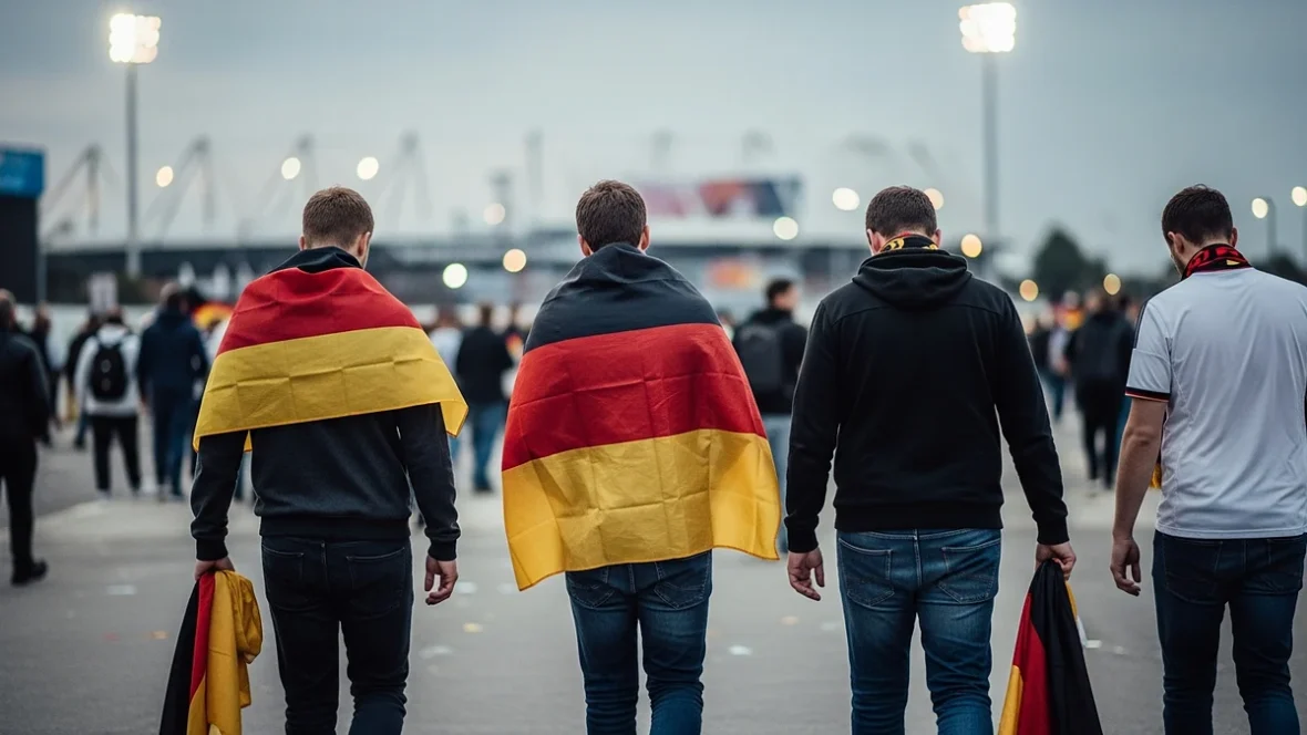 Die Stimmung nach dem WM-Aus – enttäuschte Fans mit Deutschlandfahnen trotten gebückt vom Stadion davon