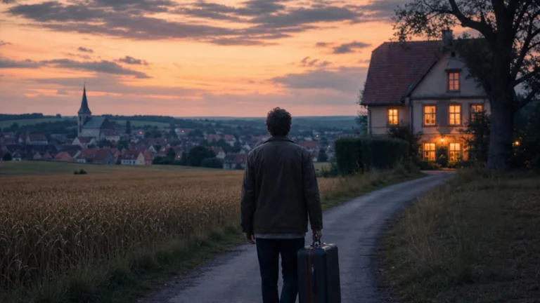 Zurück in die Heimat – eine Person mit Koffer kehrt zu einem vertrauten Haus zurück